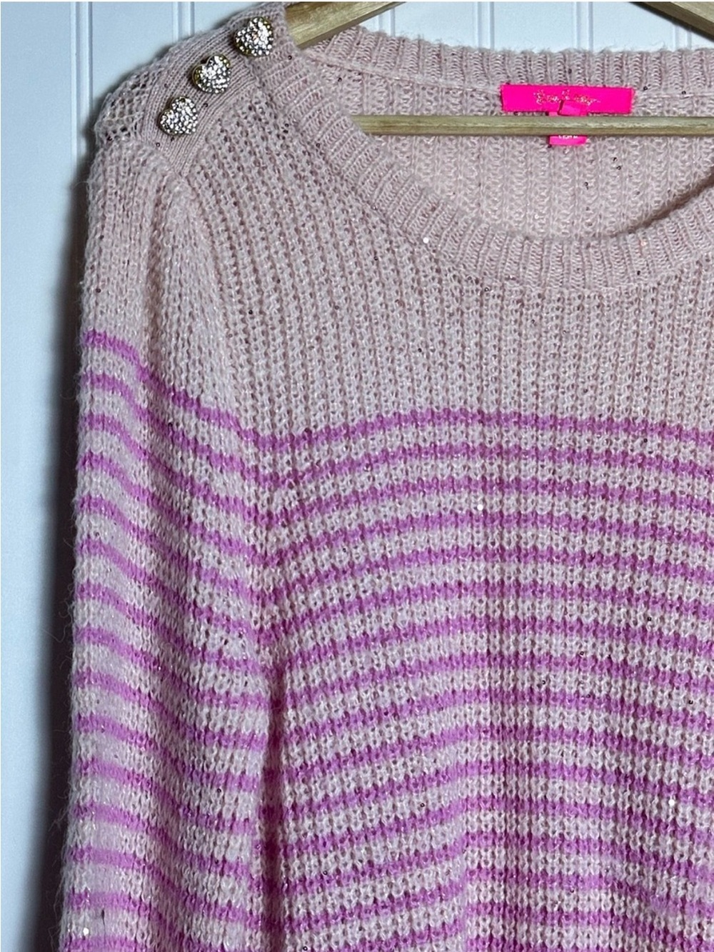 Lilly Pulitzer Finney Sweater Peony Pink Sparkle Stripe Sz M crewneck - Picture 5 of 11